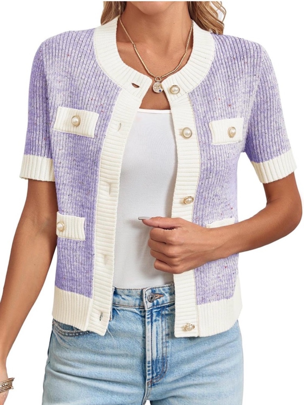 Lavender 💜 short sleeved cardigan sweater pearl & gold button accents large